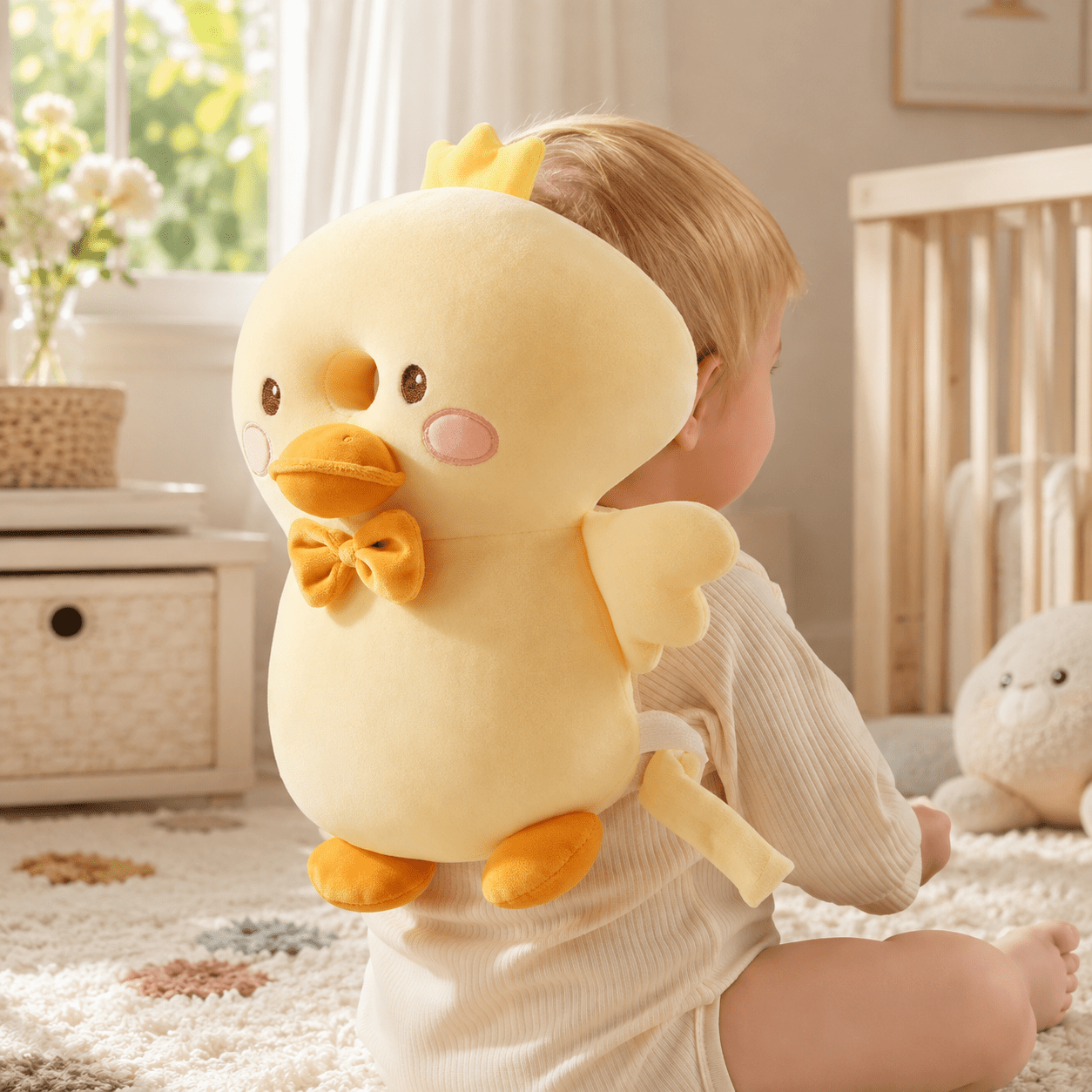 Duck design anti-fall safety pillow baby head and back protector, close-up back view